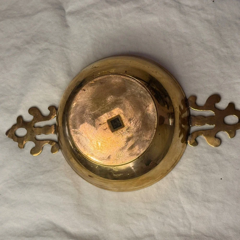 Vintage Brass Decorative Bowl with Ornate Scroll Handles Made in India 4.5